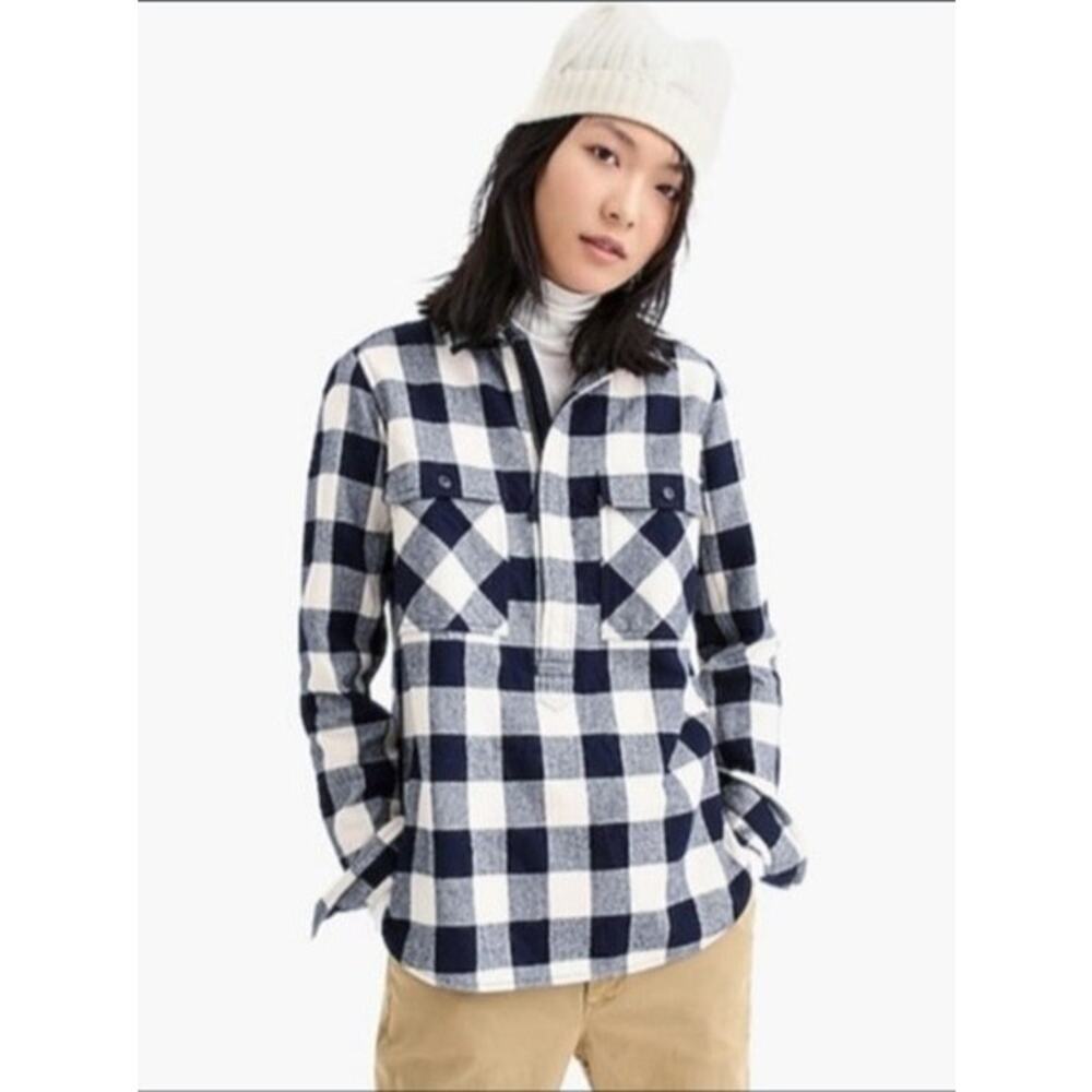 J. CREW Women's XL Buffalo Check Half-Zip Shirt Jacket Shacket Navy Blue/Cream